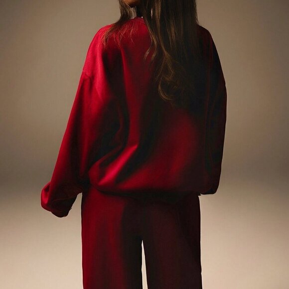 Burgundy Casual Women's Crew Neck Long Sleeve Top & Drawstring Pants Sports Set - Picture 3 of 7